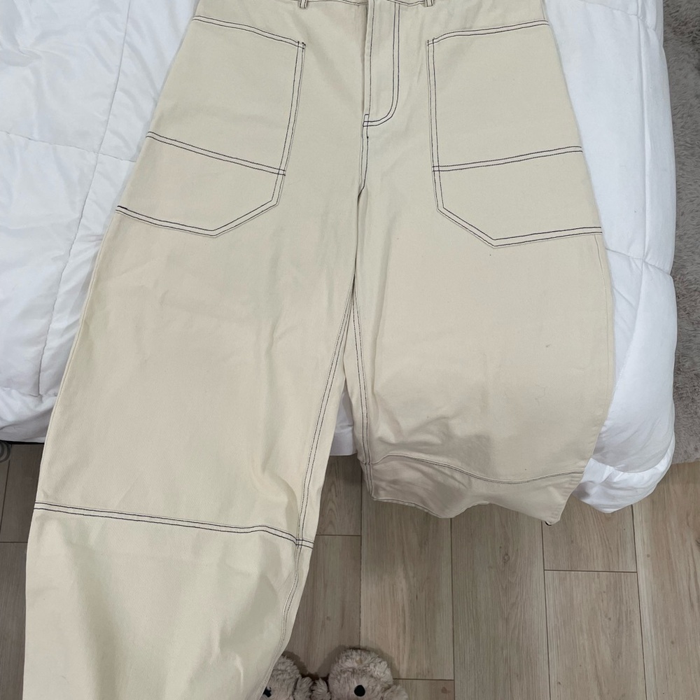 Cream Wide-Leg Pants with Contrast Stitching